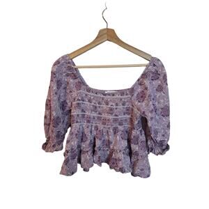 American Eagle Purple Floral Cottage Core Ruched Flare Tops Sz S